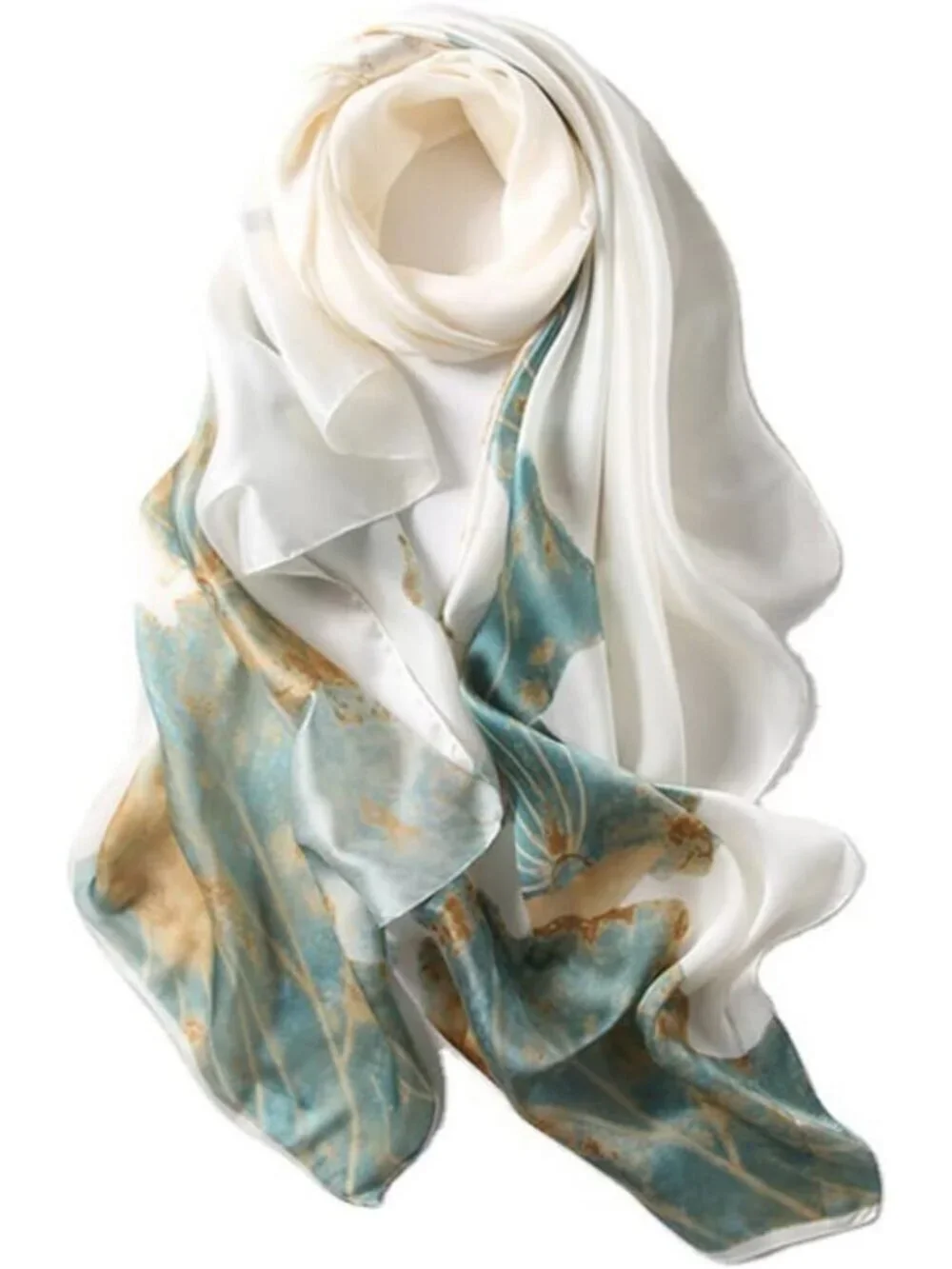 Women's White Lightweight Silk Like Scarves Flower Print Head Cotton Wrap Scarf